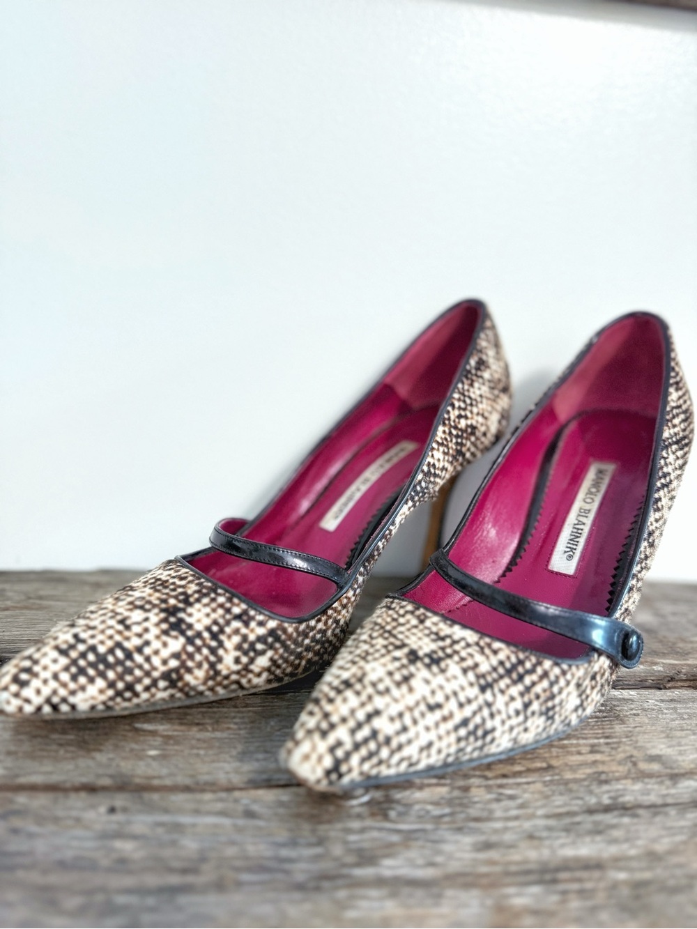 Manolo Blahnik Cream and Black Snakeskin Mary Jane Pumps with Magenta Lining